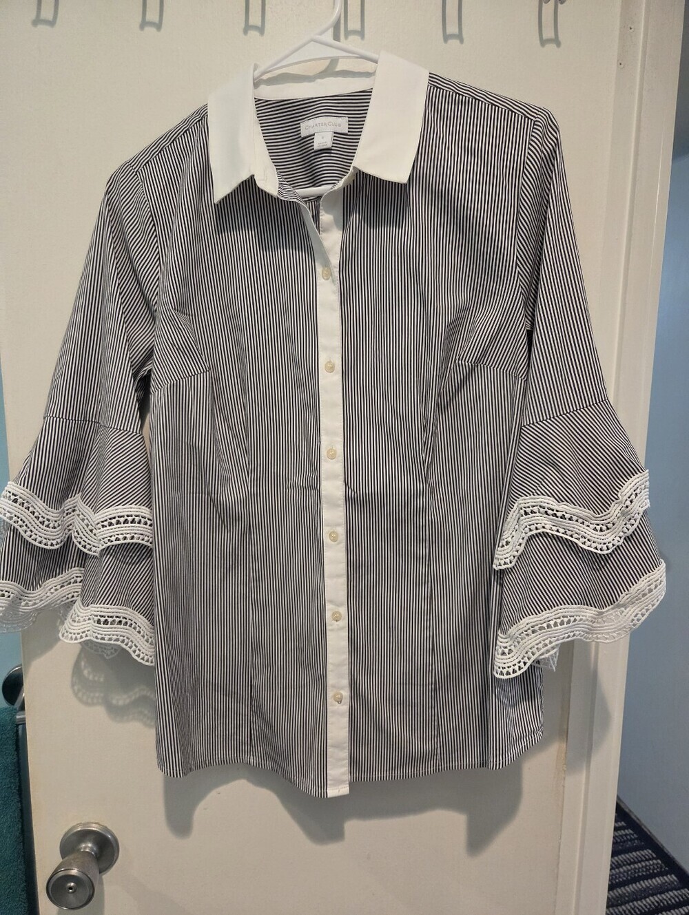 Striped Blue And White Charter Club Button-Front Blouse with Bell Sleeves. Sz 6
